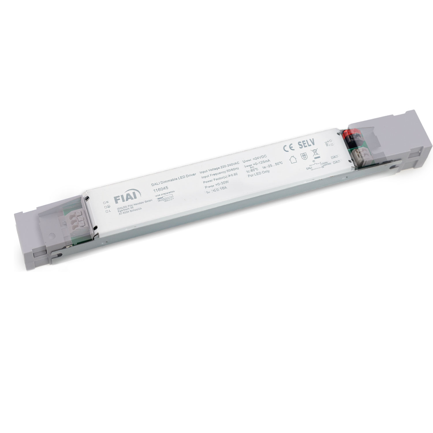 LED PWM-Trafo 24V/DC, 0-30W, Push/DALI-2 dimmbar, SELV, ultraflach