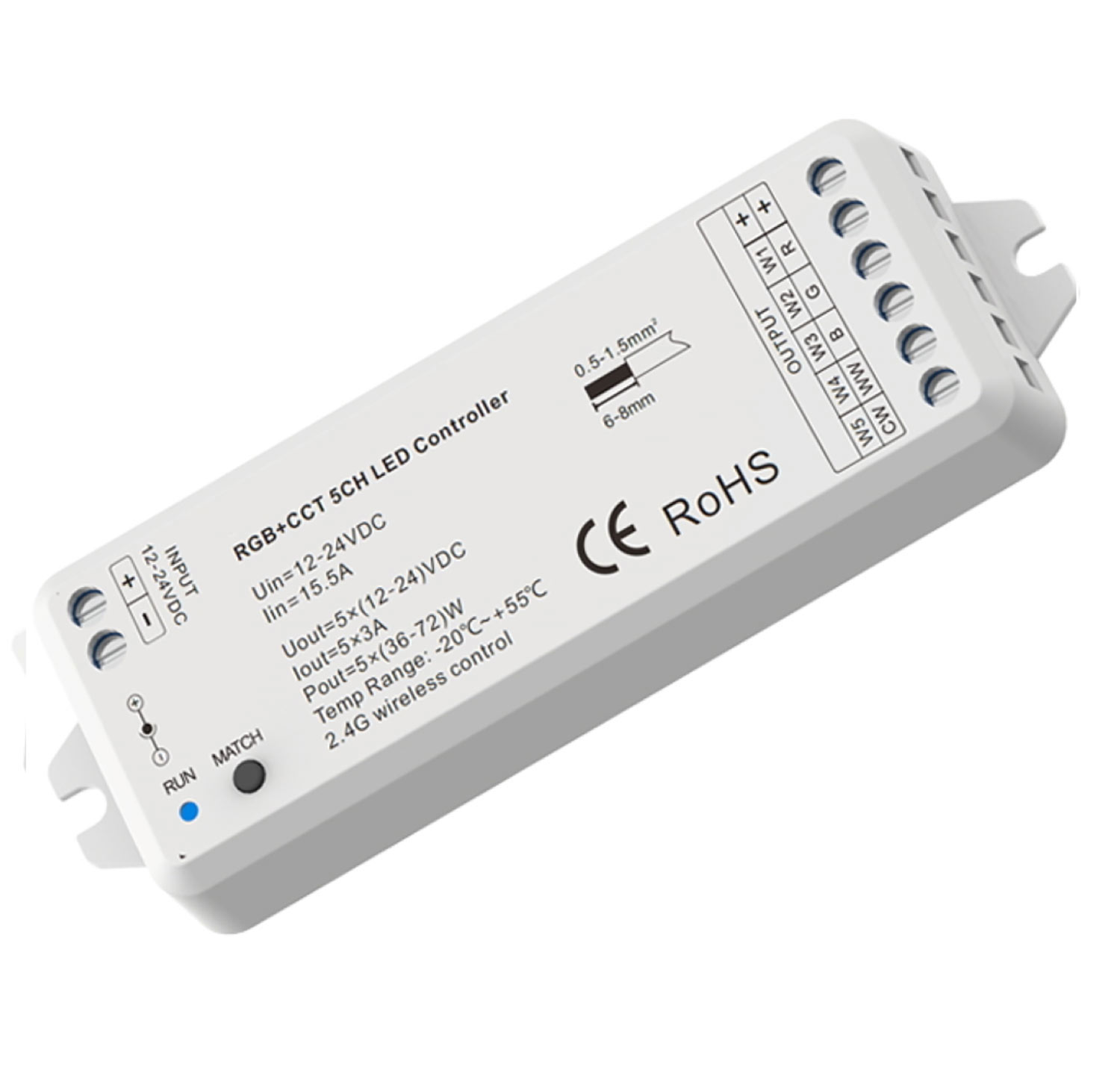 Sys-Pro RGB+CCT Funk Mesh PWM-Dimmer, 1-5 Kanal, 12-24V DC 5x3A