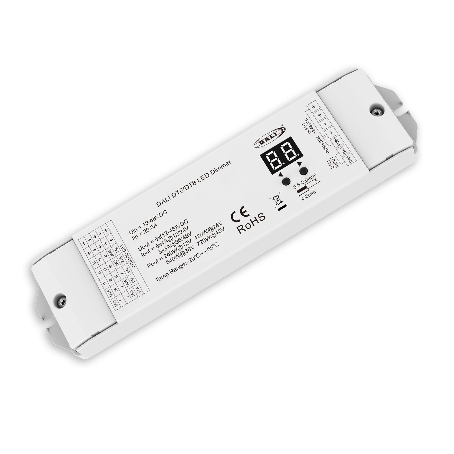 DALI-2 DT6 5 Adressen / DT8 5-Kanal 1 Adresse Multi-PWM Dimmer, 12-24V 5x4A, 36-48V 5x3A