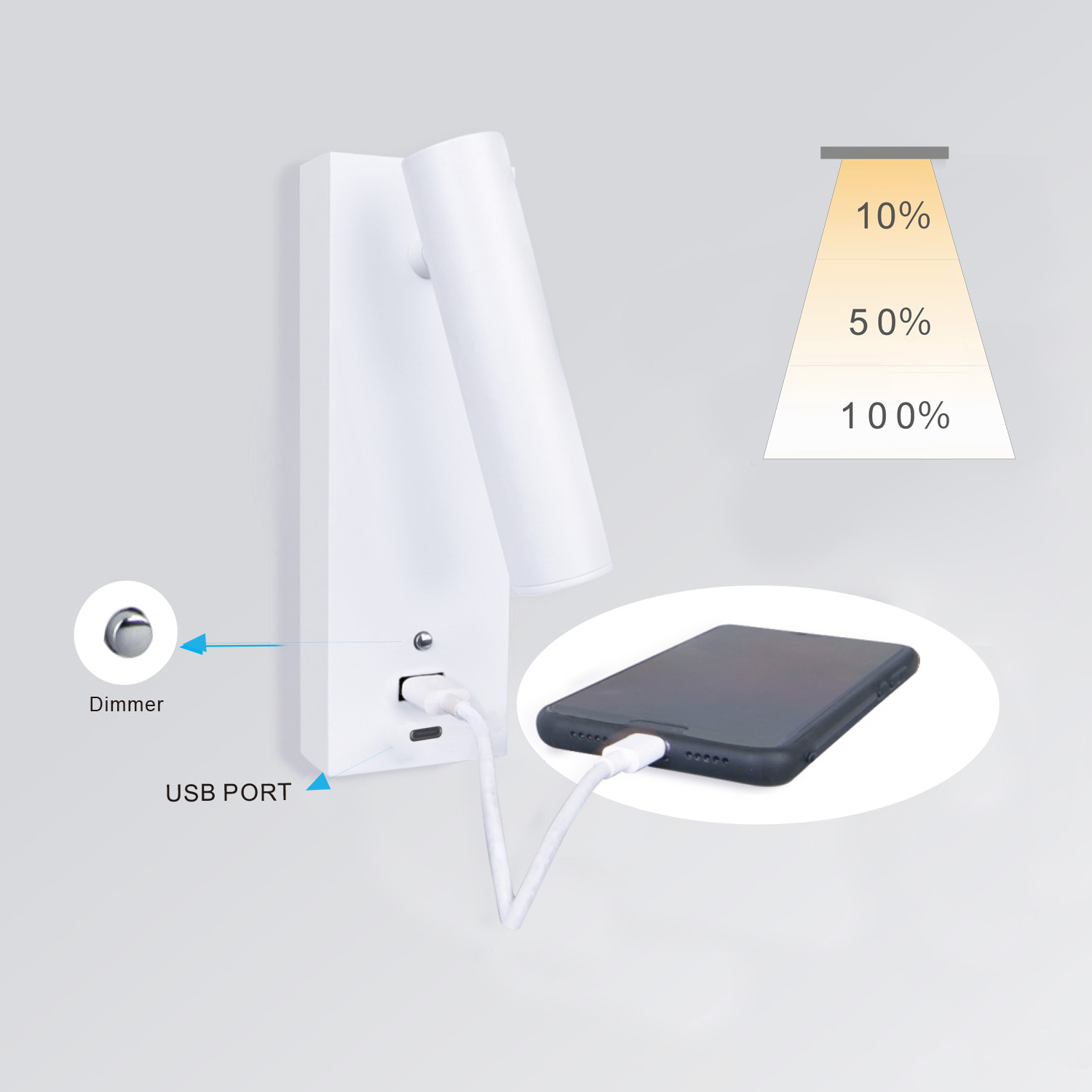 LED Leseleuchte, 3W, weiß, mit USB-A und USB-C Ladebuchse, warmweiß, 3 Stufen dimmbar