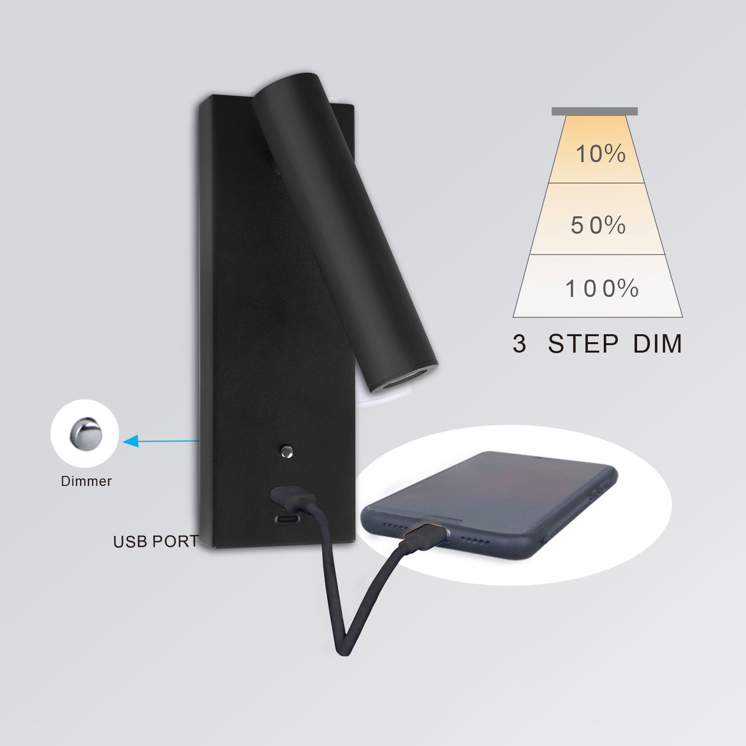 LED Leseleuchte, 3W, schwarz, mit USB-A und USB-C Ladebuchse, warmweiß, 3 Stufen dimmbar