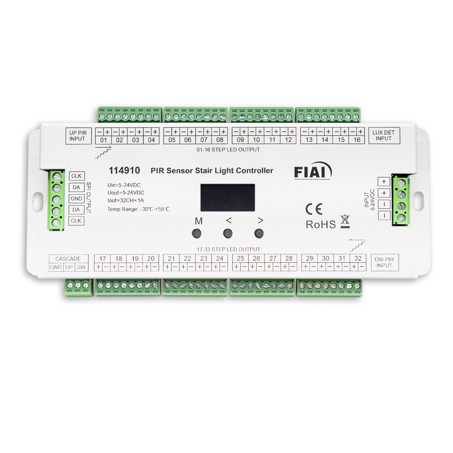 Treppen-Effekt PWM-Dimmer 5-24V DC, 32x1A + SPI-Output, 2 PIR Sensor + 2 Push-Tast Eingänge