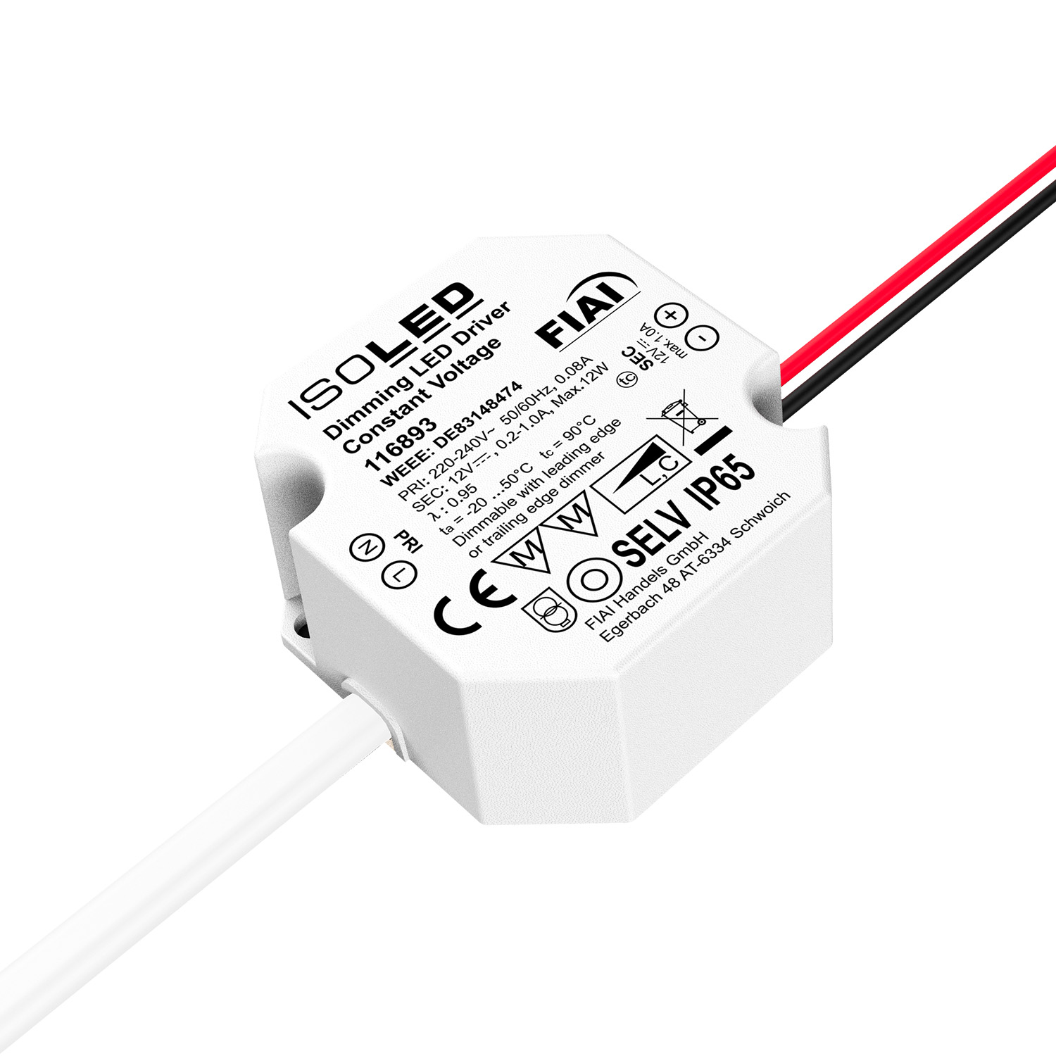 LED Schalterdosen-PWM-Trafo 12V/DC, 0-12W, Tiefe 24mm, IP65, dimmbar, SELV