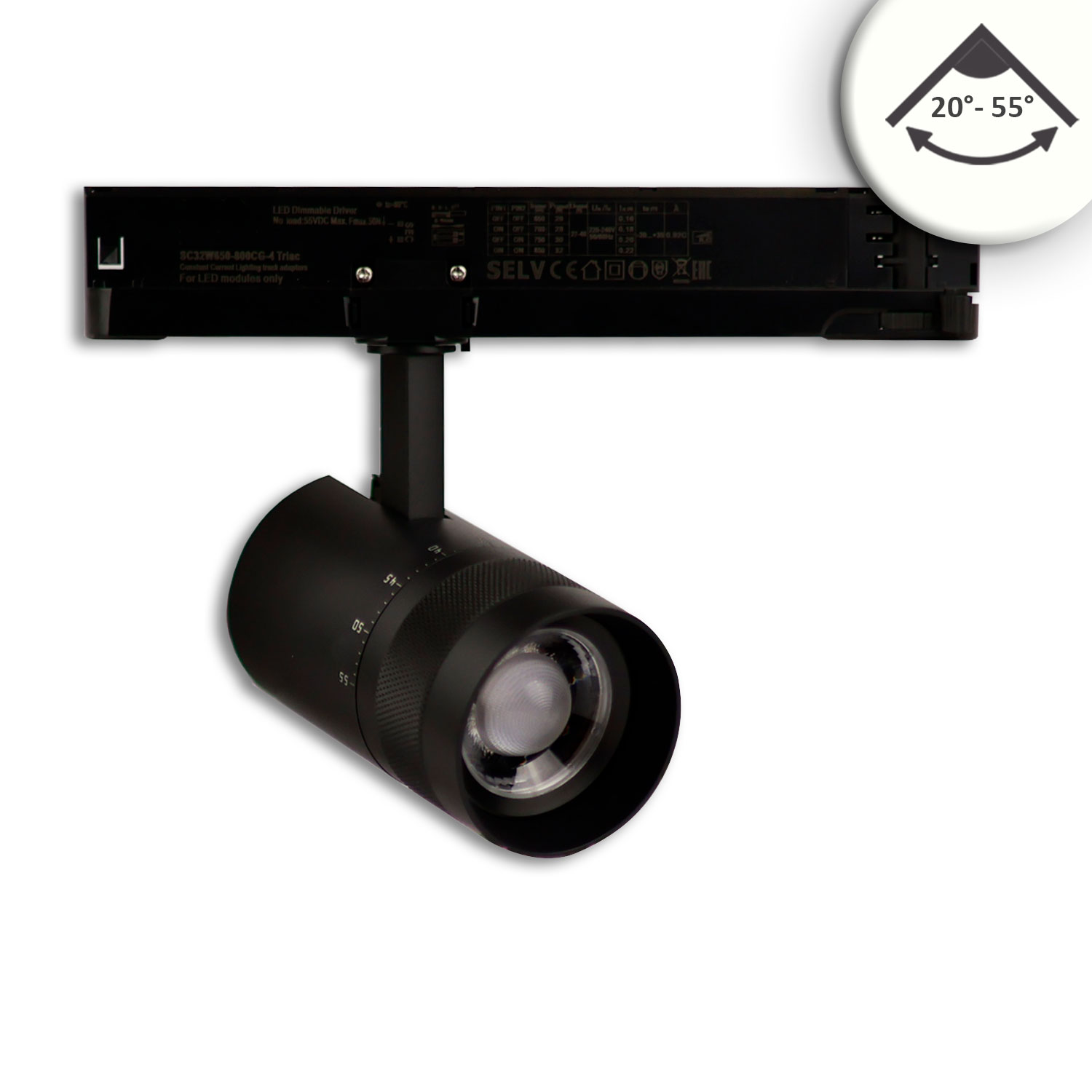 3-Phasen Schienenstrahler fokussierbar, 12W, 20°-55°, schwarz matt, 4000K, DALI dimmbar