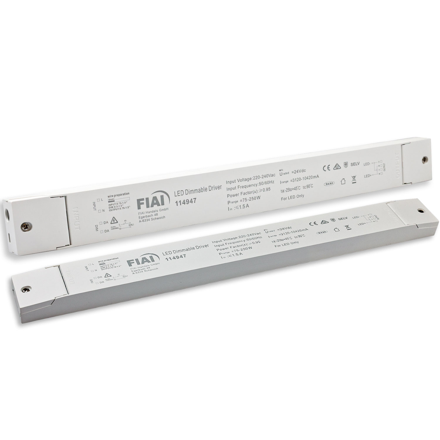 LED PWM-Trafo 24V/DC, 0-250W, Push/DALI-2 dimmbar, SELV, flach