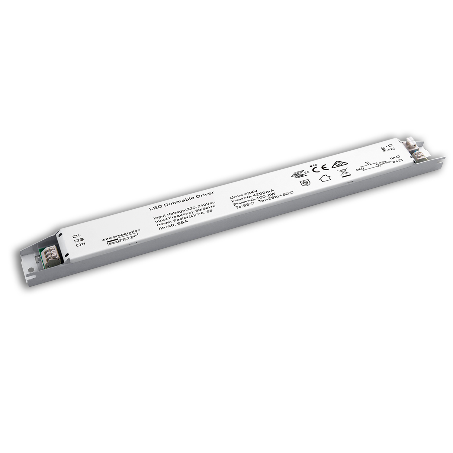 LED PWM-Leuchten-Trafo 24V/DC, 0-100W, Push/DALI dimmbar, flach, schmal