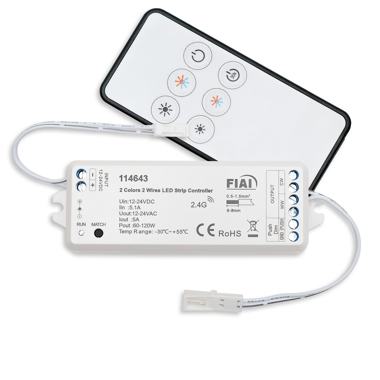 LED weißdynamischer Push/Funk PWM-Dimmer MiniAMP inkl. Fernbedienung 12-24V DC, 5A