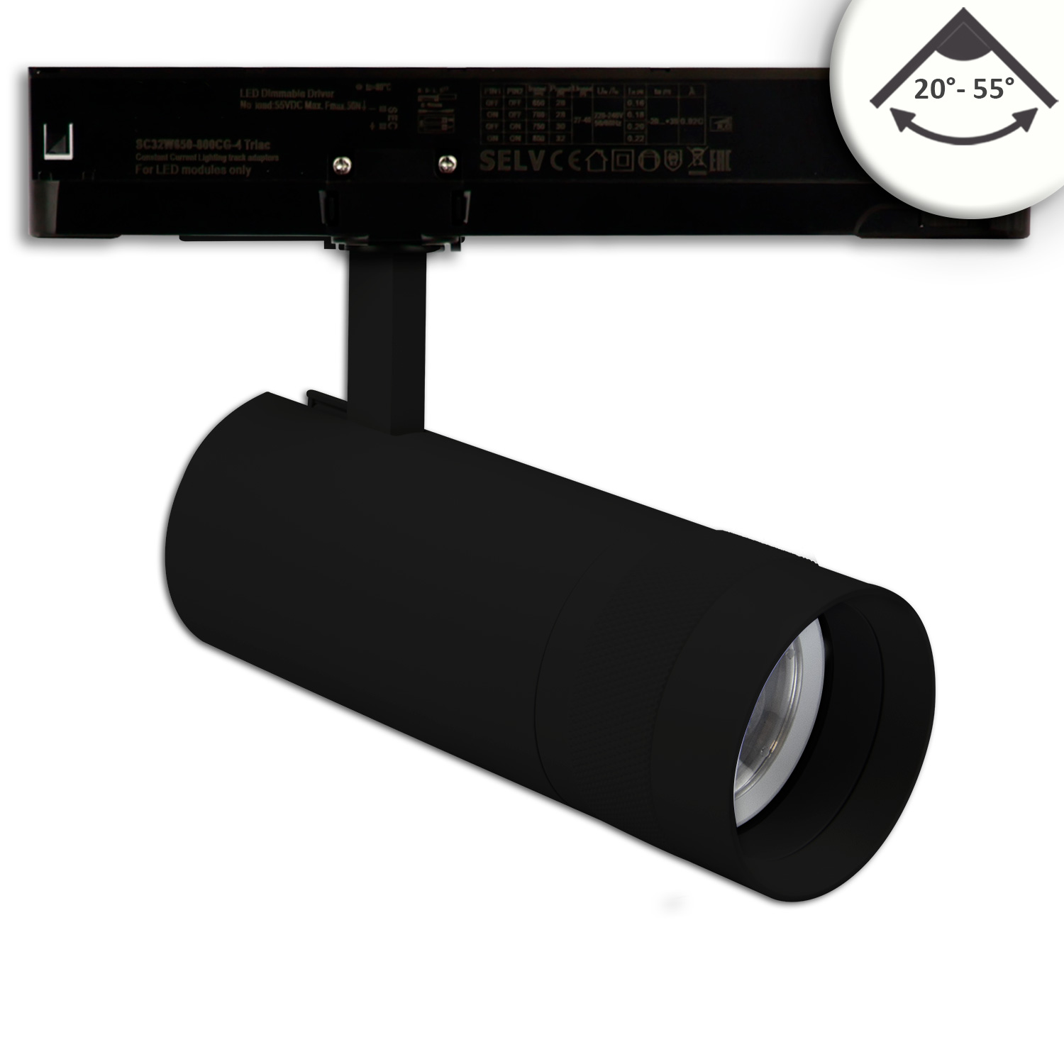 3-Phasen Schienenstrahler fokussierbar, 24W, 20°-55°, schwarz matt, 4000K, dimmbar