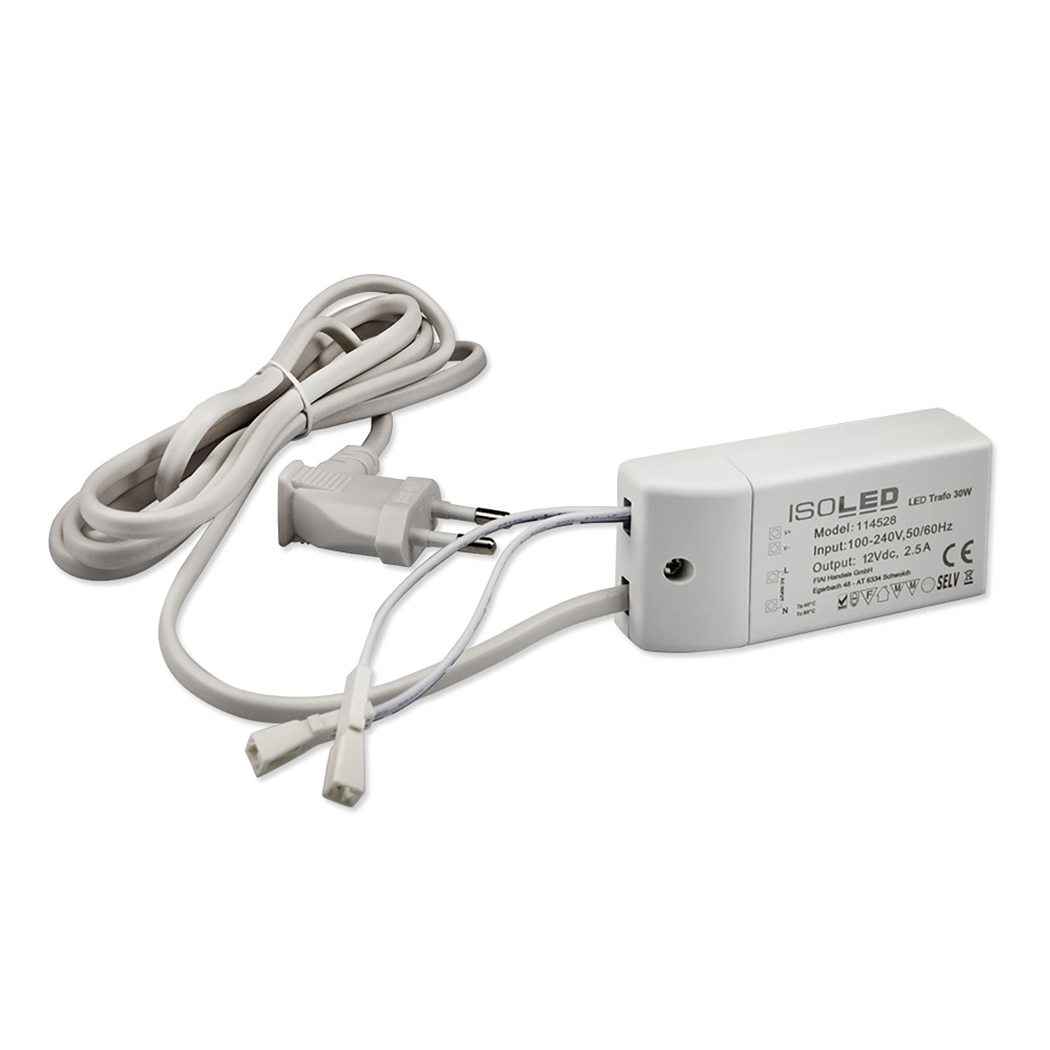 LED Trafo MiniAMP 12V/DC, 0-30W, 200cm Kabel mit Flachstecker, sekundär 2 female Buchsen