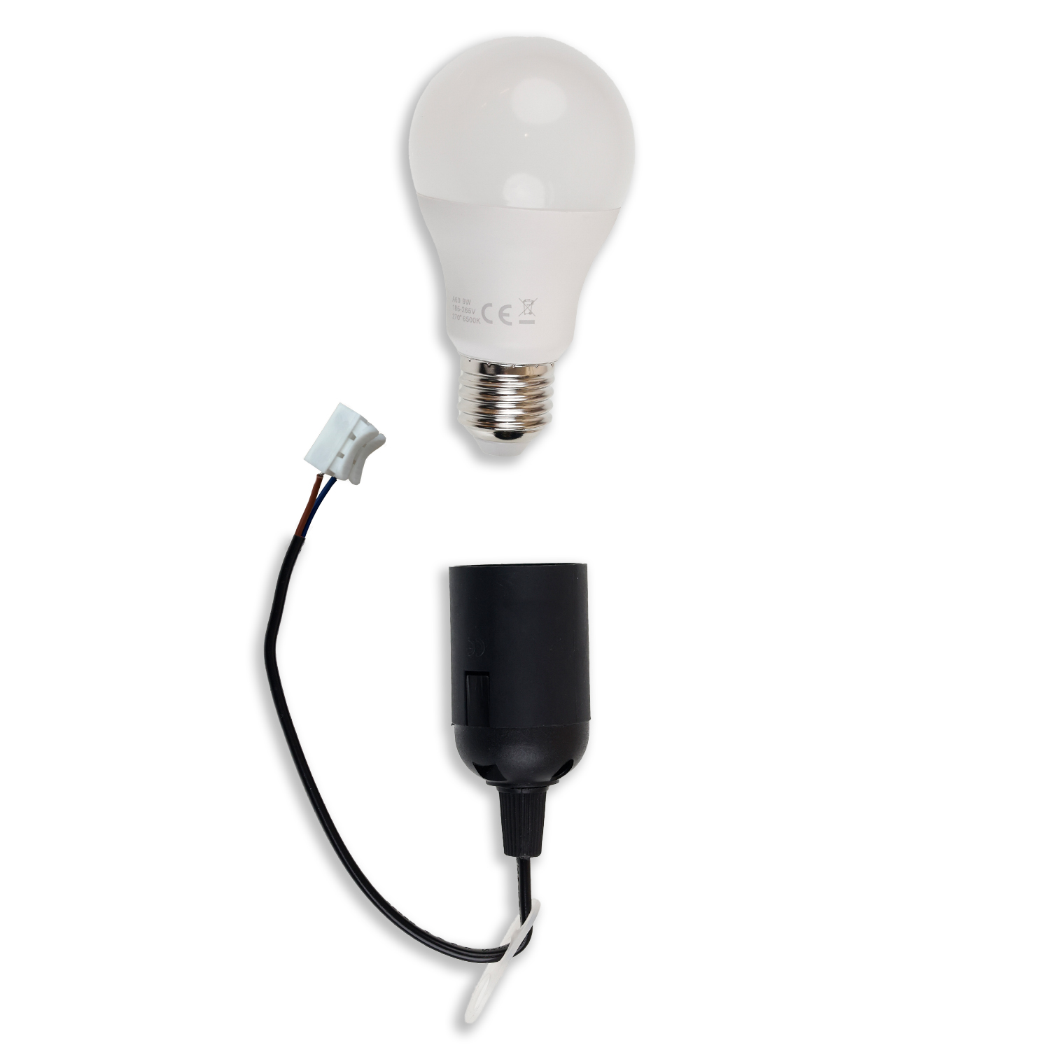 Baufassung E27 SET mit Federklemme, Öse und LED bulb 9W, warmweiß