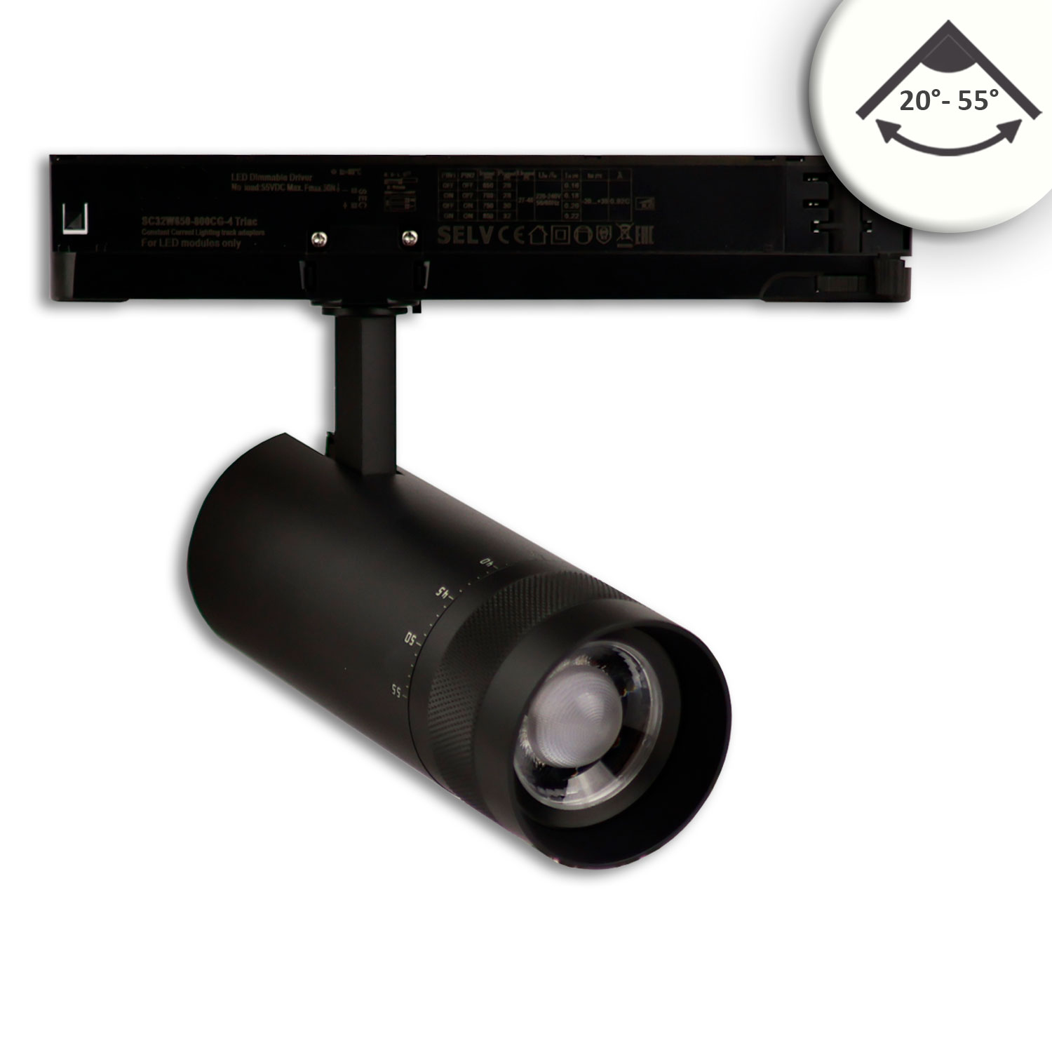 3-Phasen Schienenstrahler fokussierbar, 24W, 20°-55°, schwarz matt, 4000K, DALI dimmbar
